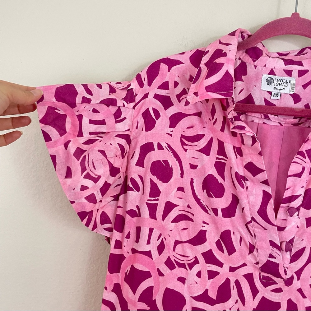 Holly Shae Pink Patterned Ruffle Sleeves Cotton Shift Dress One Size - Picture 4 of 9